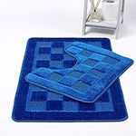 Bath Mat & Pedestal Mat Chequered 2 Piece Sets Bath Mats for Bathroom Shower U-Shaped Contour Toilet Mat Plush Non-slip Antibacterial Rubber Back Rugs (Blue)