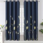 Estelar Textiler Navy Blue and Gold Blackout Curtains with Palm Tree Wheat Pattern Light Blocking Room Darkening Window Curtain Panels for Living Room Bedroom, Navy Blue, 52Wx72L, 2 Panels