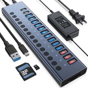 Powered USB Hub, VANGREE 17-Port 90W USB 3.0 Hub (10 USB 3.0 Ports+3 QC24W Fast Charging Ports+2 USB-C 3.0 Ports+SD/TF Card Reader), Individual On/Off Switches, 12V/7.5A Power Adapter for Laptop, PC