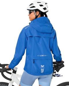 FitsT4 Sports Womens Rain Jackets Waterproof Cycling Windbreaker Running Reflective Jackets Packable Hiking Hoodies Blue Size XL