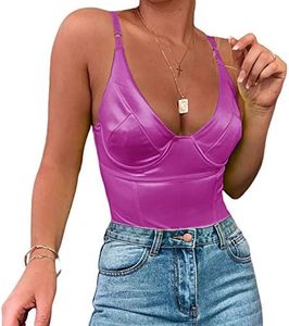 Velius Women's Sexy Deep V Neck Shiny Thong Bodysuit Tank Tops with Underwire (Purple, Large)