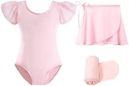 Stelle Girls Short Sleeve Dance Active Dress Ballet Leotard Combo with Dance Skirt and Dance Tight (Ballet Pink (Ruffle Sleeve), 110, 6 Years)