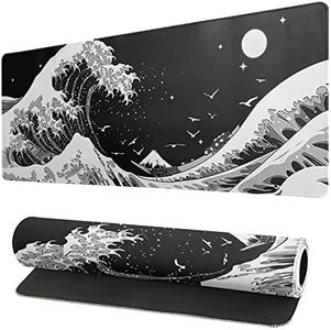 Japanese Black Sea Wave Mouse Pad Abstract Black Gaming Mouse Pad 31.5x11.8 Inch Sea Wave Texture Non-Slip Rubber Base Wave Large Mousepad Stitched Edges Keyboard Mouse Mat Desk Pad for Office Home