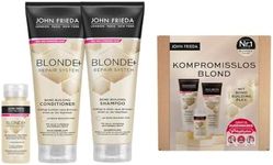 John Frieda Blonde+ Repair System Value Set – Contents: Pre-Shampoo Treatment, 100 ml, Shampoo, 250 ml, Conditioner, 250 ml – Includes Free MegRhythm Eye Mask – With Bond Building Plex