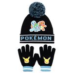 Pokemon - Winter Warm & Comfy Beanie Hat & Gloves Set for Boys - Pikachu Design - Perfect for Boys 6-12 Years - Gift Set - Black/Blue