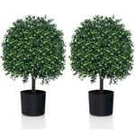 Goplus 21.5’’ Artificial Boxwood Topiary Ball Tree, Set of 2 Faux Potted Plants Artificial Shrubs Bushes with 343 White Fruits, Fake Evergreen Artificial Topiary for Home Front Porch Decor