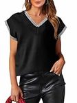 Saodimallsu Womens V Neck Sweater Vest Summer Trendy Cap Sleeve Casual Loose Knit Sleeveless Pullover Tank Tops, Black, XX-Large