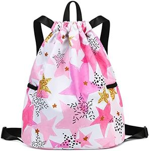 Ryushoyo Waterproof Drawstring Bag, Drawstring Backpack, Gym Bag Sackpack Sports Backpack for Women Girls Stars Pink