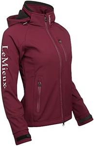 LeMieux Women's Elite Soft Shell Jacket with Adjustable Cuffs and Detachable Hood - Breathable Horse Riding Coat - Water Resistant Ladies Outerwear, Burgundy, 8