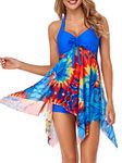 MiYang Womens Tankini Swimdress with Boyshorts Two Piece V Neck Bowknot Halter Bathing Suit Dress, Blue Flower, XL