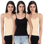 Aimly Women's Regular Fit Cotton Camisole Slip Spaghetti | 2 Beige 1 Black | Size M | Combo Pack of 3