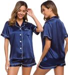 SWOMOG Pyjamas for Womens Satin Silk Pjs Button Down Pyjamas Set Soft Sleepwear and Loungewear Navy Blue