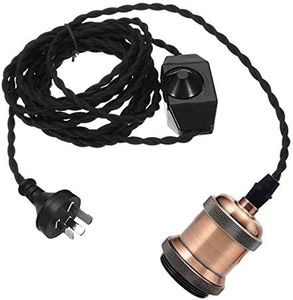 NUNU Lighting Light Bulb Socket Lamp Holder Base To AU Plug-in Power Cable Adapter，Single Vintage Edison Socket plug in Pendant Light Kit Cord with Dimmer Switch and 15FT Twisted Black Cloth Bulb Cord Hanging Light Fixture