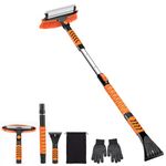 Sukudon 3 in 1 Extendable ice scraper for car windscreen non scratch,42" Removable Snow Removal Tool Brush with Squeegee,Foam Grip,270° Pivoting Brush Head snow scraper for Cars,Trucks and SUV(Orange)