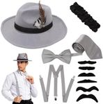 Spooktacular Creations Manhattan 1920s Mens Hat Accessories Gatsby Gangster Retro Hat Suspender Bow Tie Halloween Costume Set (Gray)