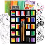 Bowitzki 21 Colors Split Cake Face Paint Set Professional Face Painting Kit Kids Adults 10g One Stroke Stencil Brush Practice Board Non Toxic Rainbow Cakes Flora Body Makeup Halloween Christmas Easter