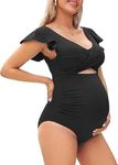 Charmo Maternity Ribbed One Piece Swimsuit Ruffle Sleeve Maternity Swimming Suits Cut Out Tie Knot Pregnancy Swimwear Black M