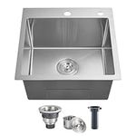 POPFLY 18 Inch Drop-in Kitchen Sink, 304 Stainless Steel Top mount Handmade Single Bowl Kitchen Sink 9 Inches Deep Bar Prep Sink, Brushed Nickel（18×18×9）