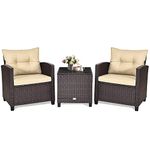 KOTEK 3 Piece Patio Furniture Set, Outdoor Conversation Set with Washable Cushions & Tempered Glass Tabletop, PE Rattan Wicker Bistro Set for Porch, Garden, Balcony (Beige)