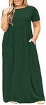 POSESHE Women Plus Size Short Sleeve Loose Plain Casual Long Maxi Dress with Pockets Dark Green 3X-Large