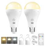 BrightArk E27 Rechargeable Led Light Bulbs with Remote, 3 Colors Dimmable E27 Battery Operated Light Bulb with Timer, Emergency Rechargeable Light Bulbs, Up to 35 Hours, 2 Packs