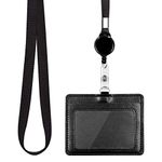 HONZUEN Name Badge Holders, Retractable Lanyard with PU Leather Double-Sided Horizontal Card Holder, Long Lanyard Neck Strap with Retractable Badge Reel with Cardholder for Office Exhibition, 1 Pack