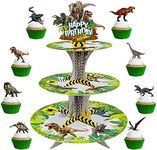 Dinosaur Cupcake Toppers 24Pcs and Dinosaur Cupcake Stand Jurassic Birthday Party Supplies Set for Kids Boys Dinosaur Theme Birthday Party Decorations 3 Tier Dino Cardboard Cupcake Stand Topper