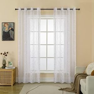 GIRASOLE HOME® Coppia Tende Voile Filtranti Fantasia Geometrica Argentata Tenda Bianca per Interni con Occhielli 2 Pannelli (Geometria Argento, 140x290cm)