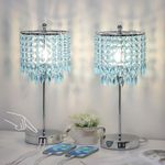 Crystal Table Lamps, Touch Control Crystal Lamps with Dual USB Ports, 3-Way Dimmable Bedside Lamp with Teal Crystal Shade for Living Room, Elegant Bedroom Lamp for Girls, LED Bulb Included