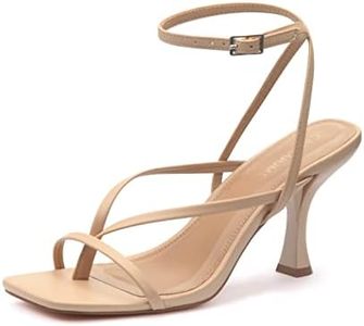 Carcuume Womens Kitten Heels Square Toe Thong Strappy Ankle Strap Stiletto Heel Sandals, Nude Pu, 6