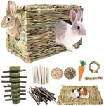 Rabbit Grass House,Natural and Comfortable Hiding Place,Rabbit Bed with Straw Mat,Carrot Chewing Toy,Apple Bark,Grass House for Rabbits,Guinea Pigs,Squirrels,Edible Rabbit Hideaway with Chewing Toys