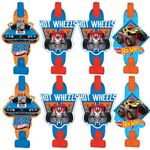 Fast Riding Hot Wheels Wild Racer Birthday Party Blowouts Favours, Red,Blue,Orange, Paper, 5", 8-Piece