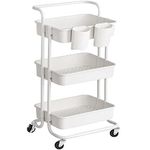 SONGMICS 3 Tier Mobile Trolley Trolley On Wheels Storage Shelf with Handle 2 Pots, 2 Brakes, Plastic Baskets, Easy Assembly, for Bedroom, Kitchen, White BSC067W01