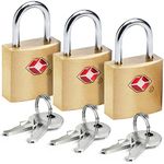 Lewis N. Clark Mini Brass Square TSA Lock + Padlock for Luggage- Perfect for Airport, Hotel, & Gym, 2 Keys Included - 3 Pack