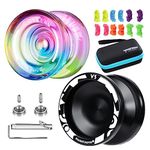 MAGICYOYO Reponsive Yoyos for Kids Beginners, Pro Yoyo 2 Pack Aluminum Yoyo V3 + Plastic Yoyo K2 Crystal, Dual Yo-yos with 12 Yoyo Strings, Yoyo Case, Yo-Yo Accessory Kit (V3 Black + K2 Gradient)