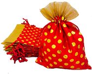 3A FEATURETAIL Fabric 18Cm X 25Cm Large Polka Dot Drawstring Bags Pouches Potli For Gift Wedding Jewelry Packaging Bridal Party Favors For Women (10Pc Set, Red Color With Golden Dot)