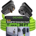 GEARit 30-Amp Extension Cord for RV and Auto, 125-Volt, 3-Prong, 10/3 STW 10AWG Gauge 3 Wire, NEMA TT-30P to TT-30R, Outdoor, Waterproof, Outdoor Camper Power Cord, 30 feet (9.1 Meters), Green