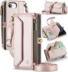 Strapurs Crossbody Wallet Case Compatible with iPhone 16E RFID Blocking 7-Card Holder Soft PU Leather Magnetic Snap Shoulder Strap Zipper Pocket Phone Cases Fit for iPhone 16E - Rose Gold