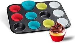 Baketivity 12 Cups Muffin Pan with Multicolor Silicone Cupcake Liners - Premium Non-Stick Carbon Steel Cupcake Pan for Making 12 Standard Size Cupcakes, Mini Pies, Brownies, Muffins, and More (12 Cup)