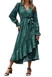 BTFBM Women Long Sleeve Wrap Dress V Neck Boho Floral High Waist Flowy Ruffle 2023 Spring Summer Maxi Dresses with Belt(Leopard Dot Green, Small)