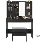 VASAGLE Vanity Desk with Power Outlets, Makeup Vanity with Mirror and Lights, Upholstered Vanity Stool, Dimmable LED Lights, 6 Compartments, 2 Drawers, for Bedroom, Ink Black URDT031B01