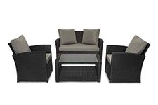 EVRE Black 4 Seater Rattan Garden Conservatory Patio Furniture Sofa Armchair Roma Set with Glass Top Coffee Table Wicker Weave Sofa and Cushions