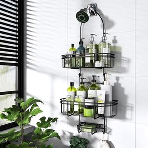 WXCGX Hanging Shower Caddy Over Shower Head Organizer: Stainless Rustproof Bathroom Shower Storage Rack Basket with Soap Holder, Hooks - Large Capacity Shower Shelf for Shampoo, Conditioner, Body Wash