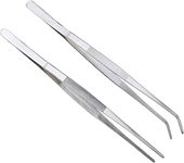 2 Pcs Straight and Curved Tip Tweezers 12 Inch, Stainless Steel Precision Tweezers Set with Serrated Tips Comfortable Ridged Handle, Tweezer Tongs for Cooking Repairing