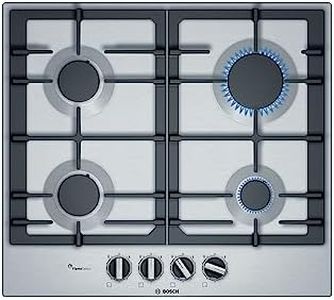 Bosch Series 4 PCP6A5B90 Gas Hob with 4 Gas Burners, FlameSelect, Continuous Cast Iron support, Biomethane Ready, Integrated, Stainless Steel, 60cm wide