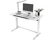 PrimeCables 48 x 24 inch Height Adjustable Electric Standing Desk with Drawer, Sit Stand Desk with Glass Tabletop, USB Charge Ports, Memory Controller, Anti-Collision Function - White