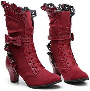 Lorie & Knight Women's Faux Suede Lace Up Wedding Victorian Inspired Mid-Calf Boots 6.5 Burgundy