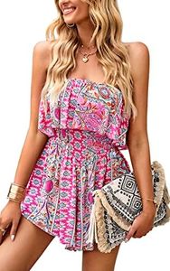 ECOWISH Women Off Shoulder Romper Strapless Floral Print Striped Beach Shorts Jumpsuit 296Pink Medium