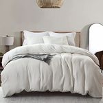 100% Linen Duvet Cover Set with Washed-Belgian Flax-3 Pieces Solid Color Basic Style Bedding Set-Breathable Soft Comforter Cover with 2 Pillowshams(Queen,Ivory White)