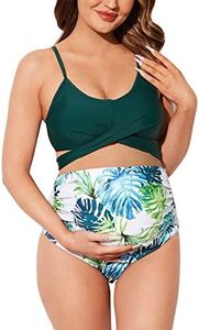 Summer Mae Maternity Criss Cross Bikini Swimsuits High Waist String Floral Bathing Suit Two Piece Pregnancy Swimwear, Beige Delicate Foliage, Small